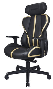 Schwarzer Gaming-Stuhl mit goldenen Akzenten, seitliche Perspektive
