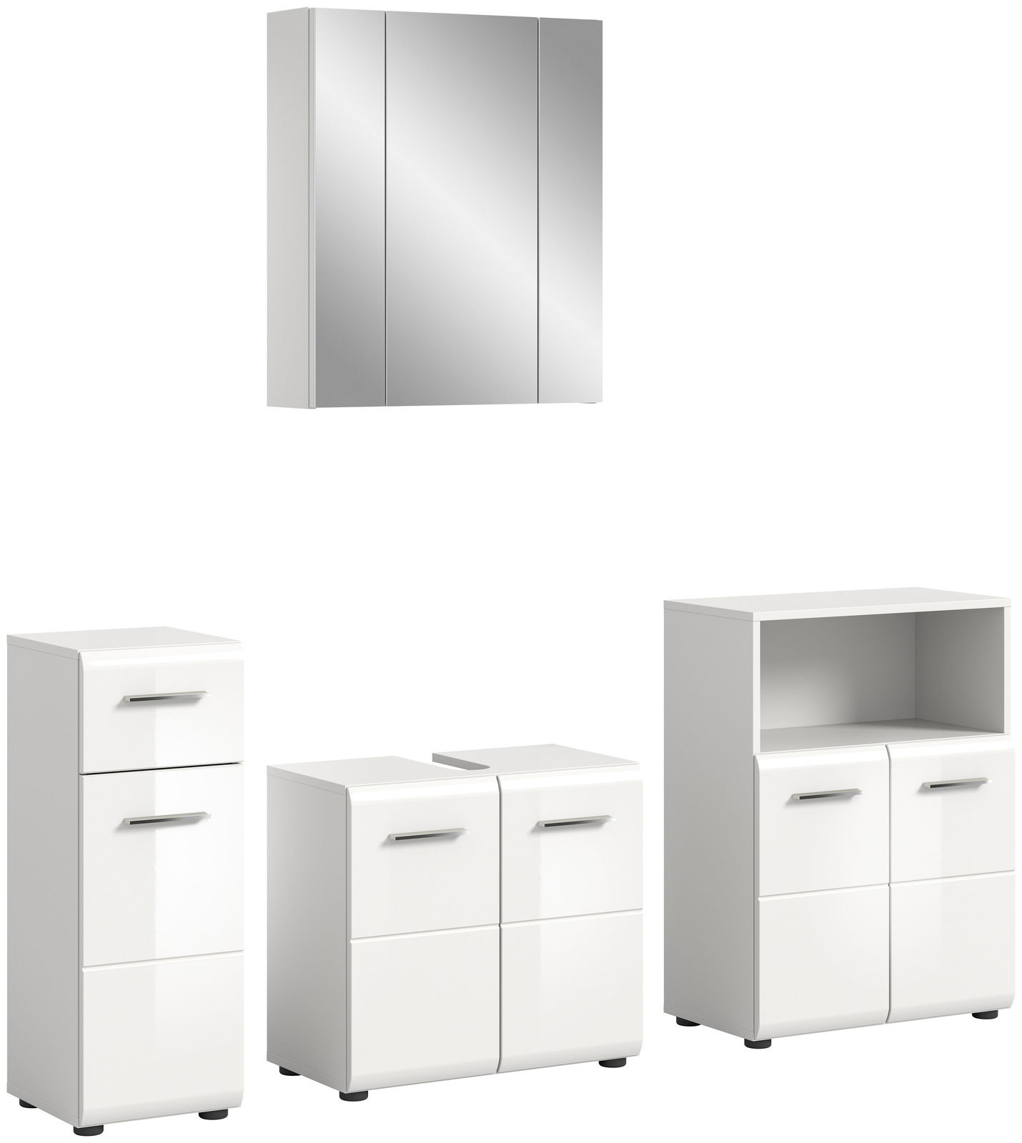 Moderne Badkombination bestehend aus einem Spiegelschrank und drei weißen Unterschränken, frontal abgebildet.