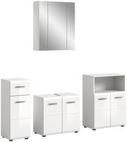 Moderne Badkombination bestehend aus einem Spiegelschrank und drei weißen Unterschränken, frontal abgebildet.