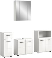 Moderne Badkombination bestehend aus einem Spiegelschrank und drei weißen Unterschränken, frontal abgebildet.
