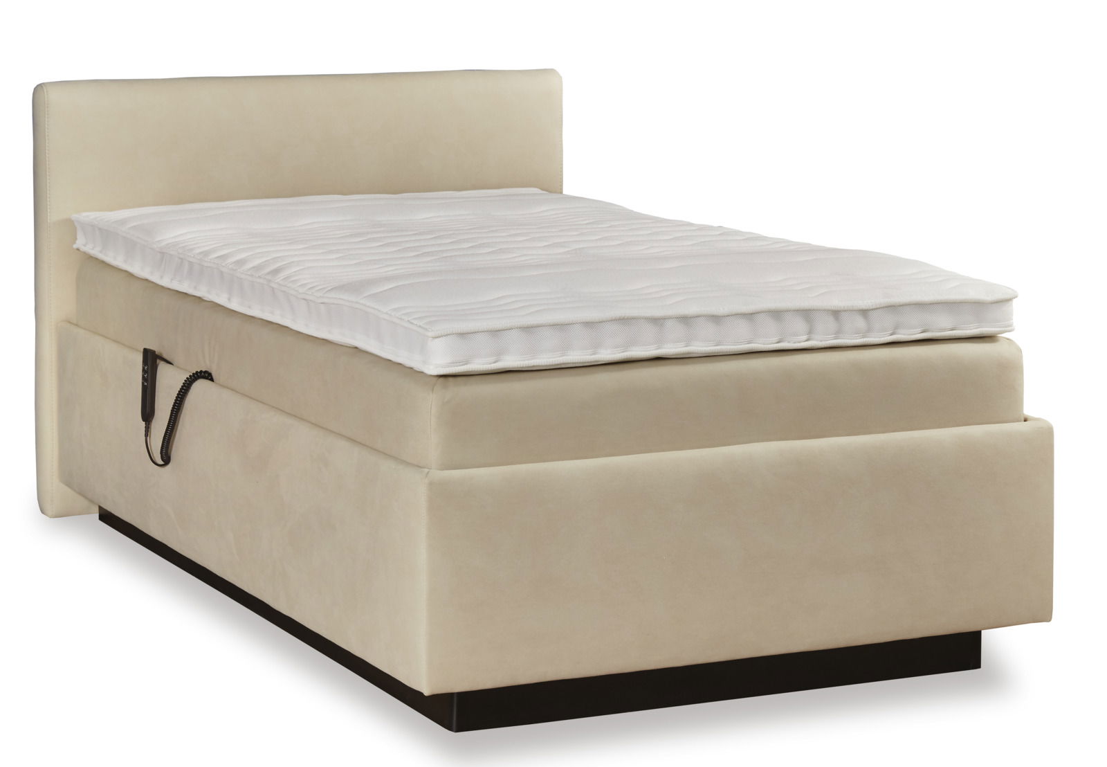 Beiges Polsterbett mit weißer Matratze, seitliche Perspektive