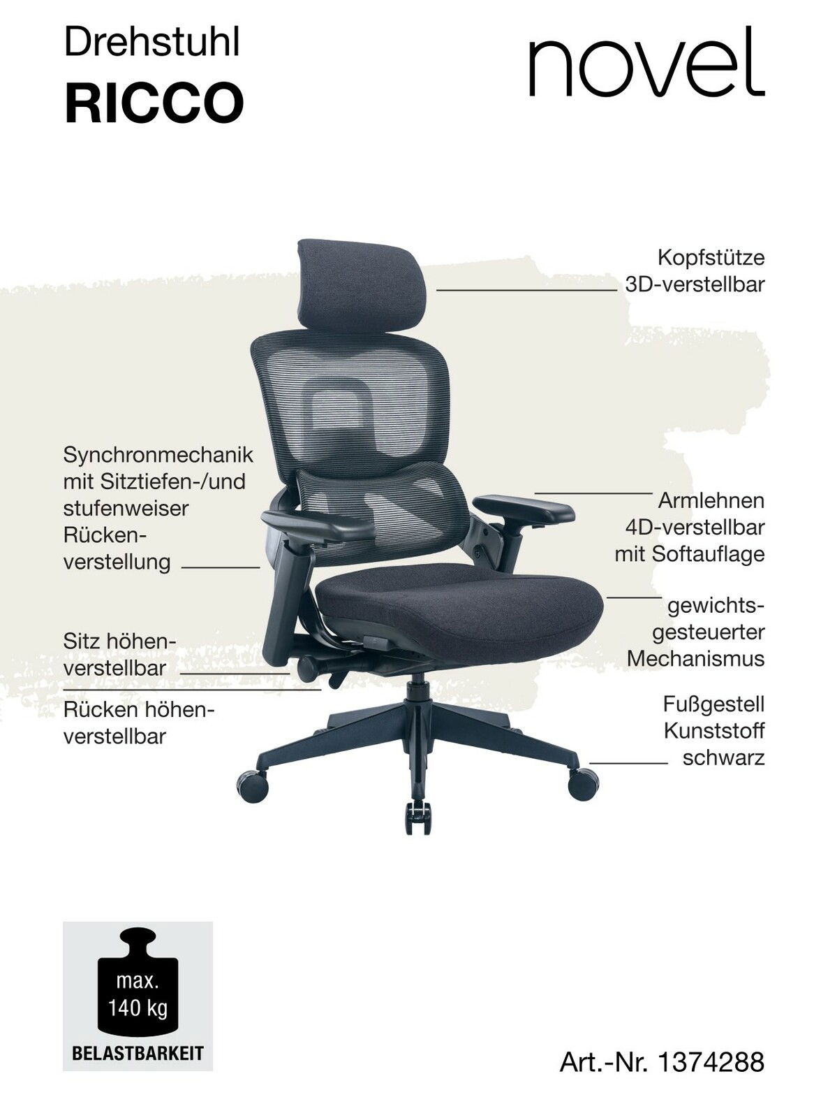Ergonomischer Drehstuhl mit verstellbarer Kopfstütze, 4D-Armlehnen und synchroner Sitzmechanik, seitliche Perspektive