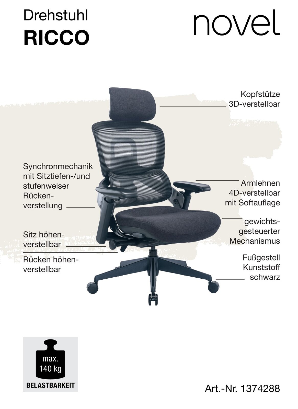 Ergonomischer Drehstuhl mit verstellbarer Kopfstütze, 4D-Armlehnen und synchroner Sitzmechanik, seitliche Perspektive