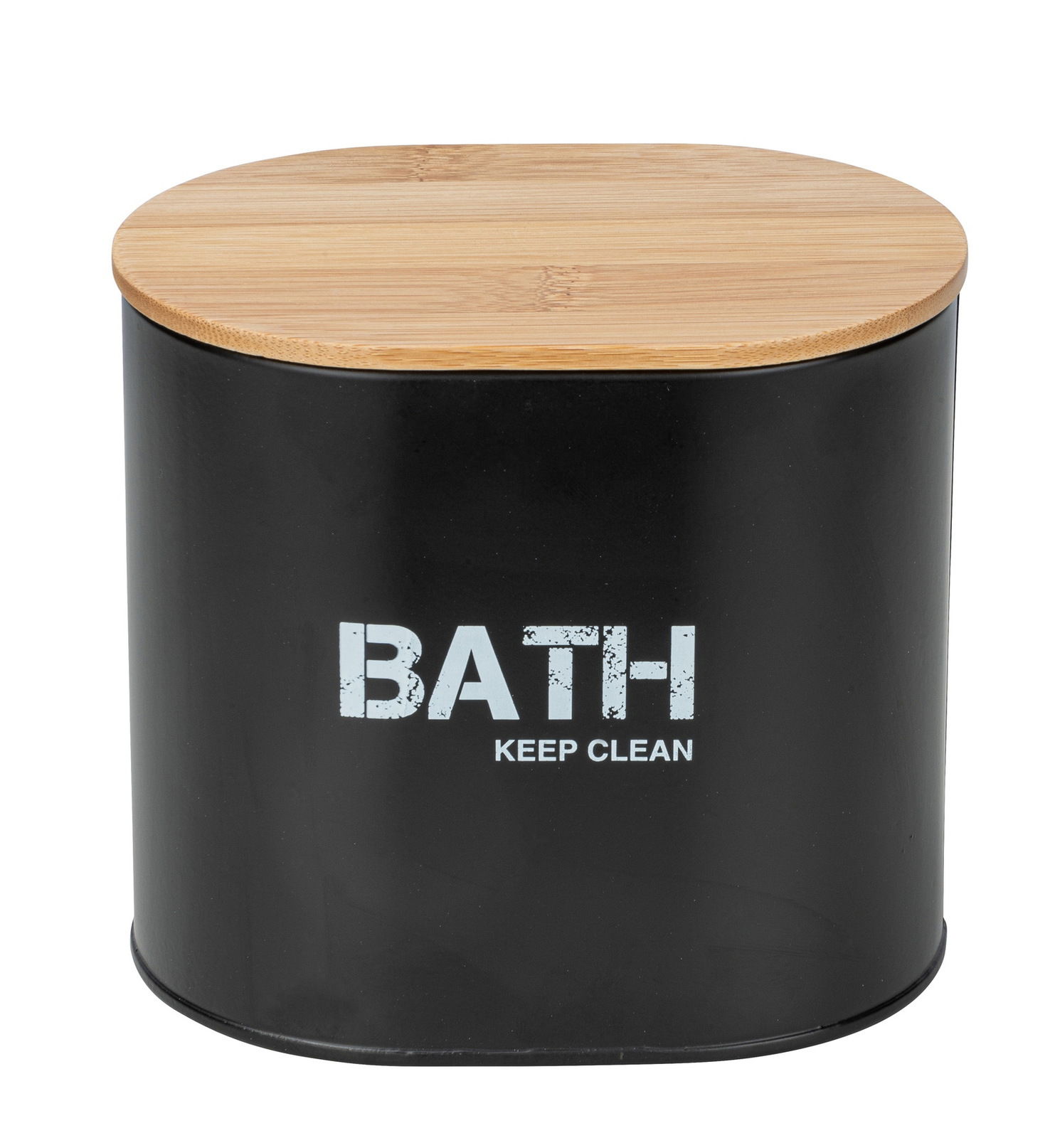 Schwarze Badbox mit Holzdeckel, Aufschrift 'BATH KEEP CLEAN', Frontalansicht