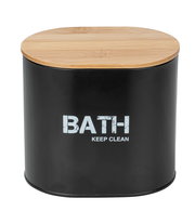 Schwarze Badbox mit Holzdeckel, Aufschrift 'BATH KEEP CLEAN', Frontalansicht