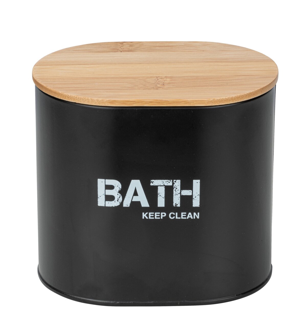 Schwarze Badbox mit Holzdeckel, Aufschrift 'BATH KEEP CLEAN', Frontalansicht