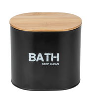 Schwarze Badbox mit Holzdeckel, Aufschrift 'BATH KEEP CLEAN', Frontalansicht