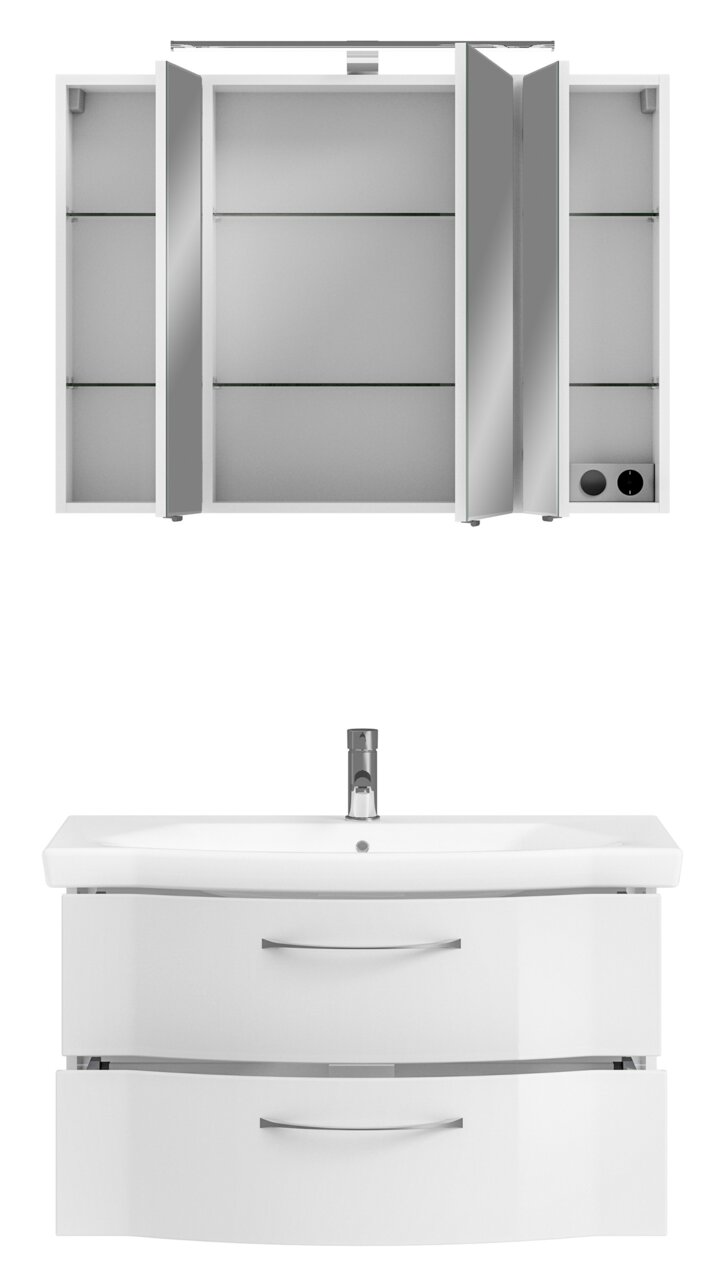 Moderner Badblock mit Spiegelschrank und Waschbecken, Frontalansicht