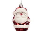 Weihnachtsbaumschmuck in Form eines lächelnden Weihnachtsmanns aus rotem und weißem Material, frontal fotografiert.