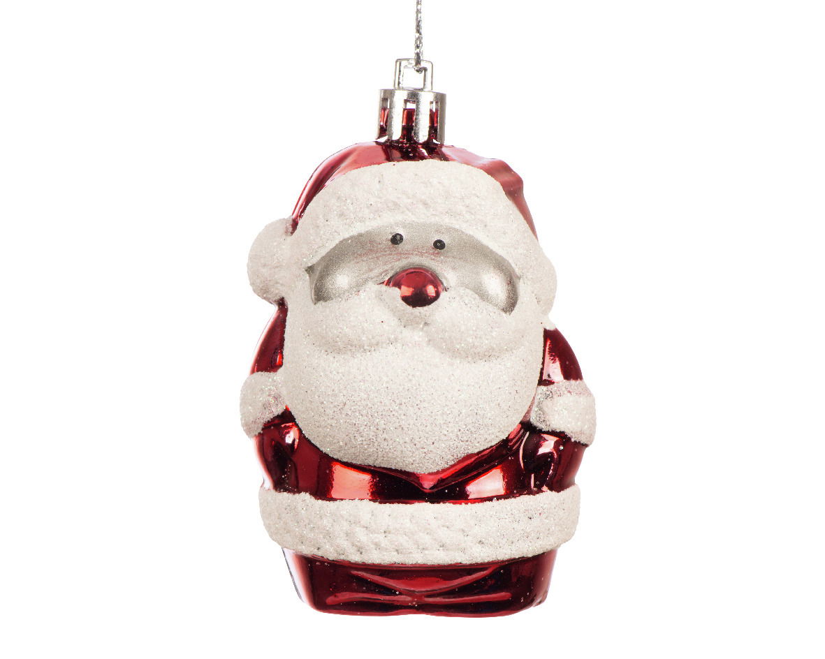 Weihnachtsbaumschmuck in Form eines lächelnden Weihnachtsmanns aus rotem und weißem Material, frontal fotografiert.