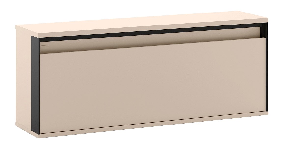 Voleo Hangkast ZAYA Moderne wandkast in beige met zwarte zijpanelen en greeploze klepdeur, getoond in schuin vooraanzicht (3/4-perspectief) op witte achtergrond