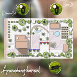 Illustration eines Gartens mit Erdspieß Spot Verlängerungsset, Perspektive von oben, zeigt die Platzierung der Beleuchtung im Garten.