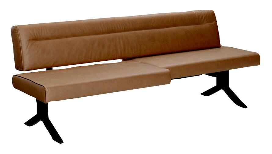 Braune Sitzbank Moderano LAURA aus Leder mit schwarzem Metallgestell, seitliche Perspektive