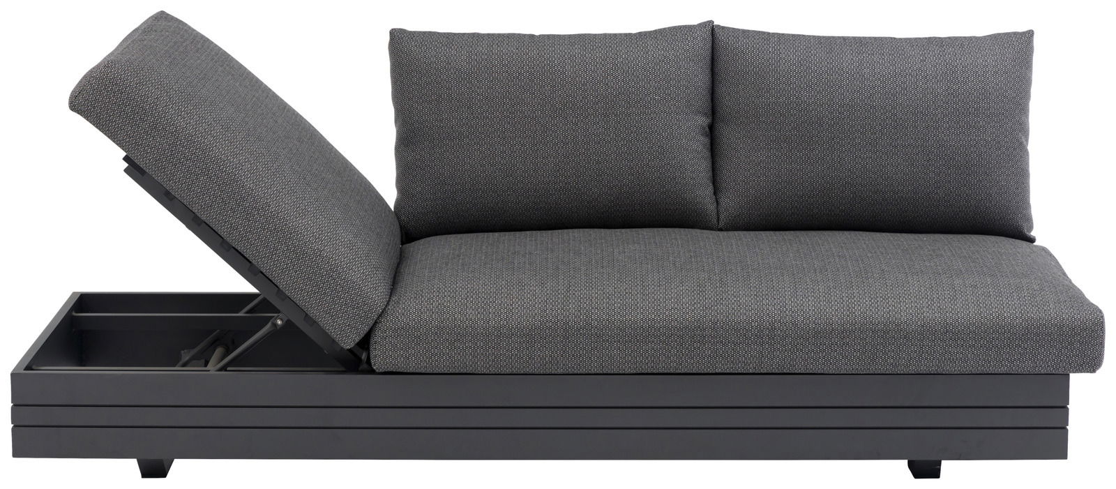 Graues 3-Sitzer Loungeelement mit verstellbarer Rückenlehne, seitliche Perspektive