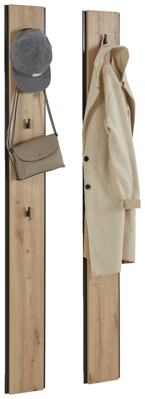 Voleo Garderobenpaneel-Set Zwei Garderobenpaneele aus Holz mit schwarzem Rand, eines mit Hut und Tasche, das andere mit Mantel, seitliche Perspektive.
