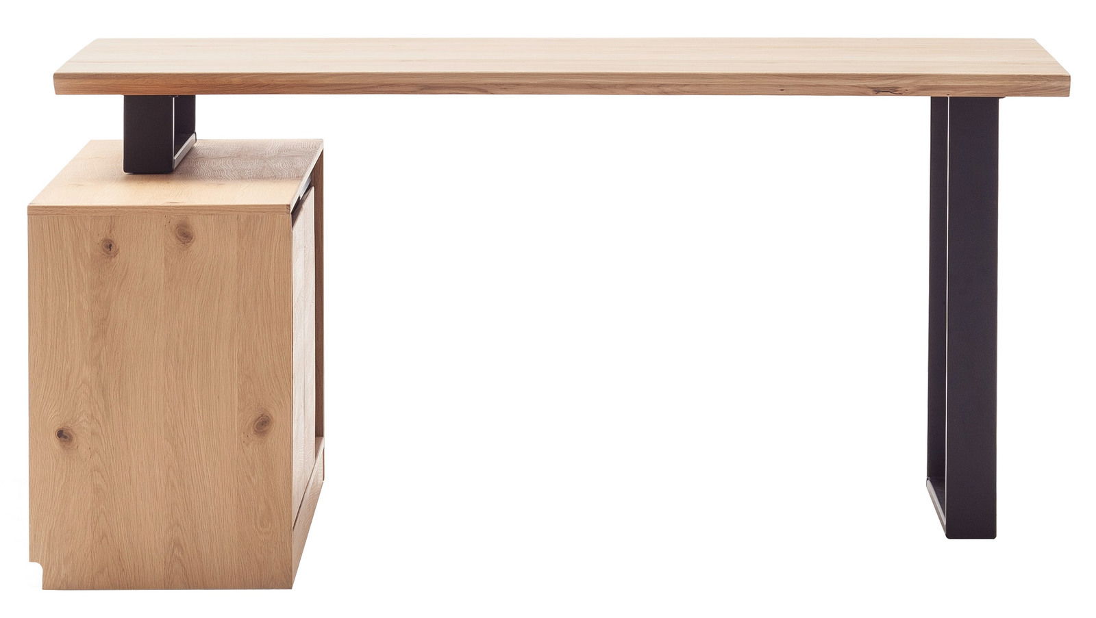 Moderner Winkelschreibtisch aus Holz und Metall, seitliche Perspektive