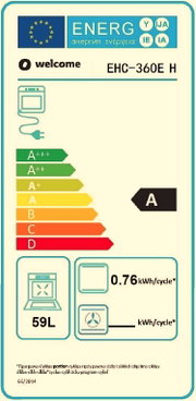 Energieeffizienz-Label für ein Küchengerät mit der Klasse A, 59 Liter Volumen, Energieverbrauch von 0,76 kWh pro Zyklus, frontal betrachtet.