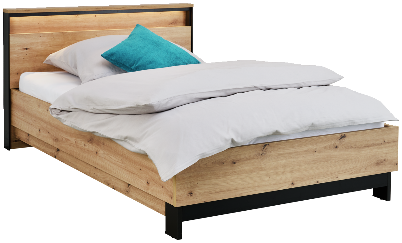 Voleo Bett EDRA Holzbett mit Kopfteil und schwarzem Rahmen, seitliche Perspektive, mit weißer Bettwäsche und türkisfarbenem Kissen