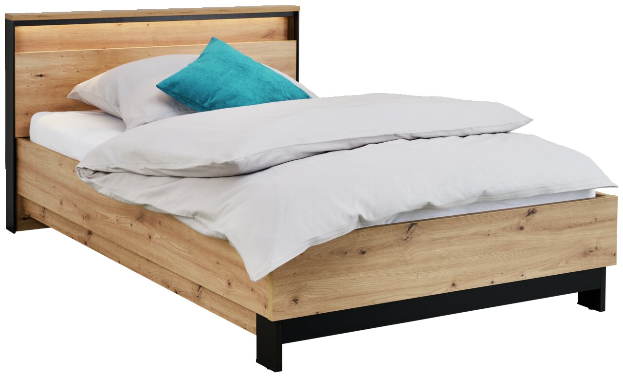 Holzbett mit Kopfteil und schwarzem Rahmen, seitliche Perspektive, mit weißer Bettwäsche und türkisfarbenem Kissen