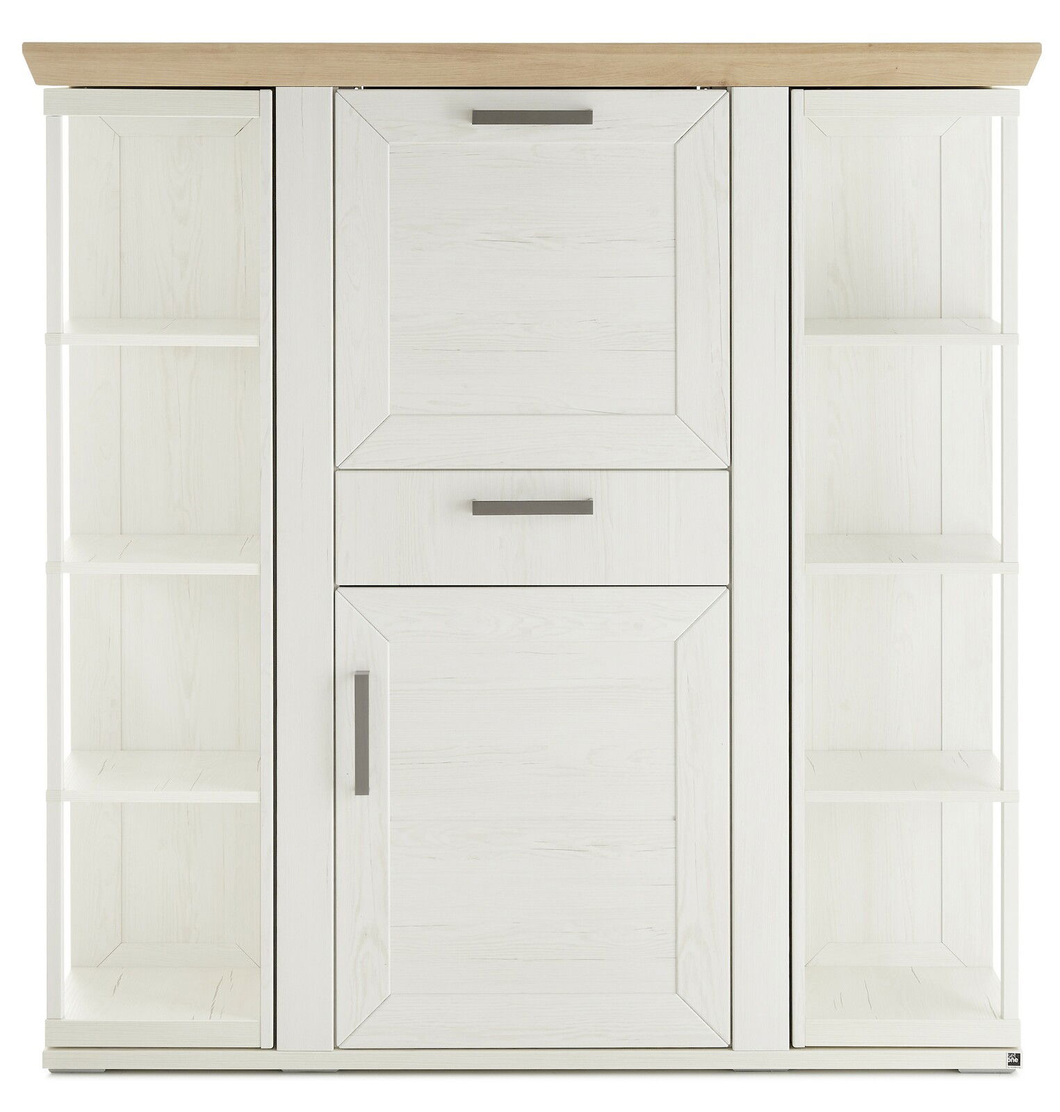 Frontansicht eines weißen Highboards mit Karussell, Holzoberfläche und offenen Regalen an den Seiten.