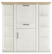 Frontansicht eines weißen Highboards mit Karussell, Holzoberfläche und offenen Regalen an den Seiten.