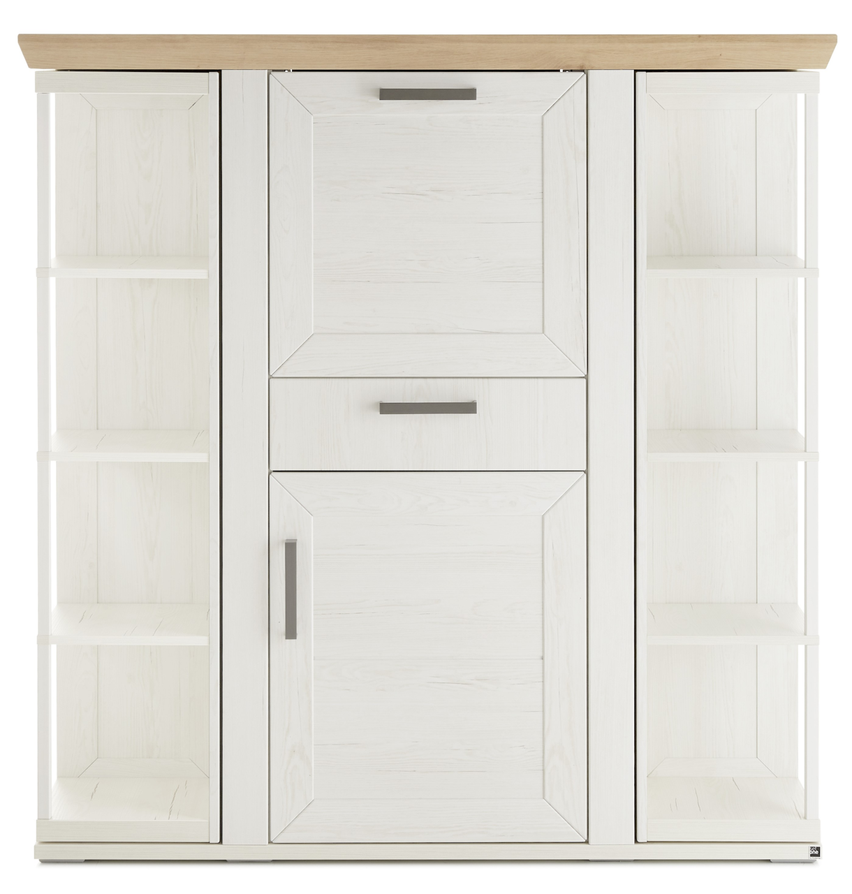 Frontansicht eines weißen Highboards mit Karussell, Holzoberfläche und offenen Regalen an den Seiten.