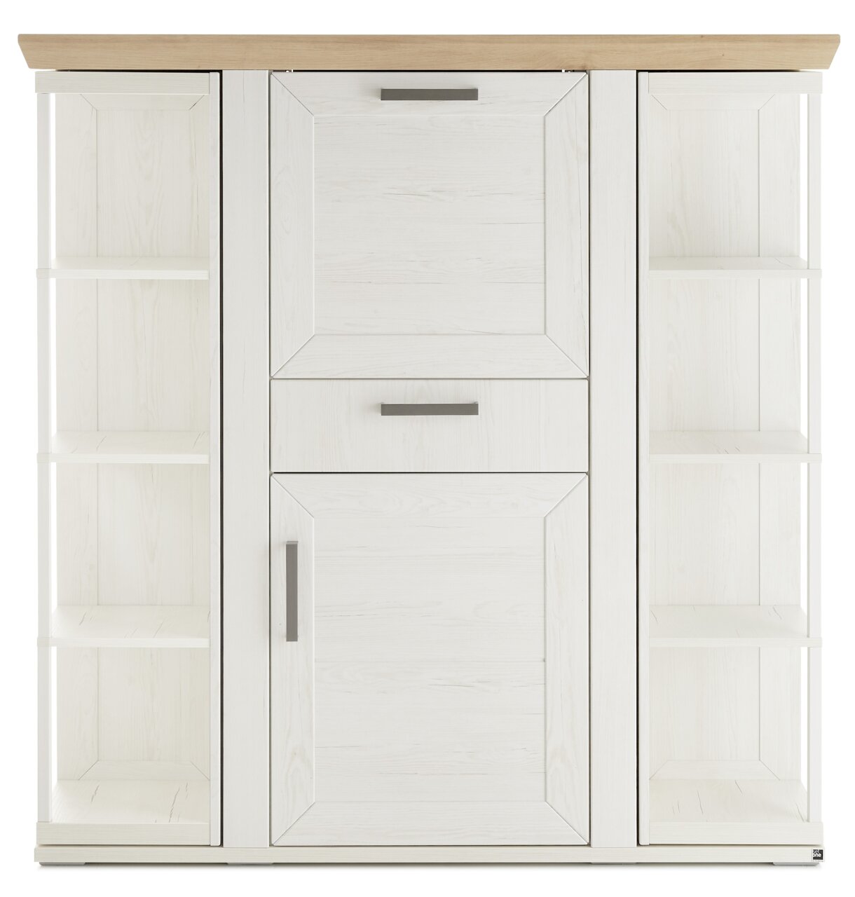 Frontansicht eines weißen Highboards mit Karussell, Holzoberfläche und offenen Regalen an den Seiten.