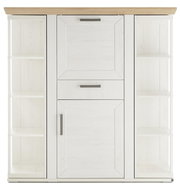 Frontansicht eines weißen Highboards mit Karussell, Holzoberfläche und offenen Regalen an den Seiten.