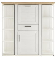 Frontansicht eines weißen Highboards mit Karussell, Holzoberfläche und offenen Regalen an den Seiten.