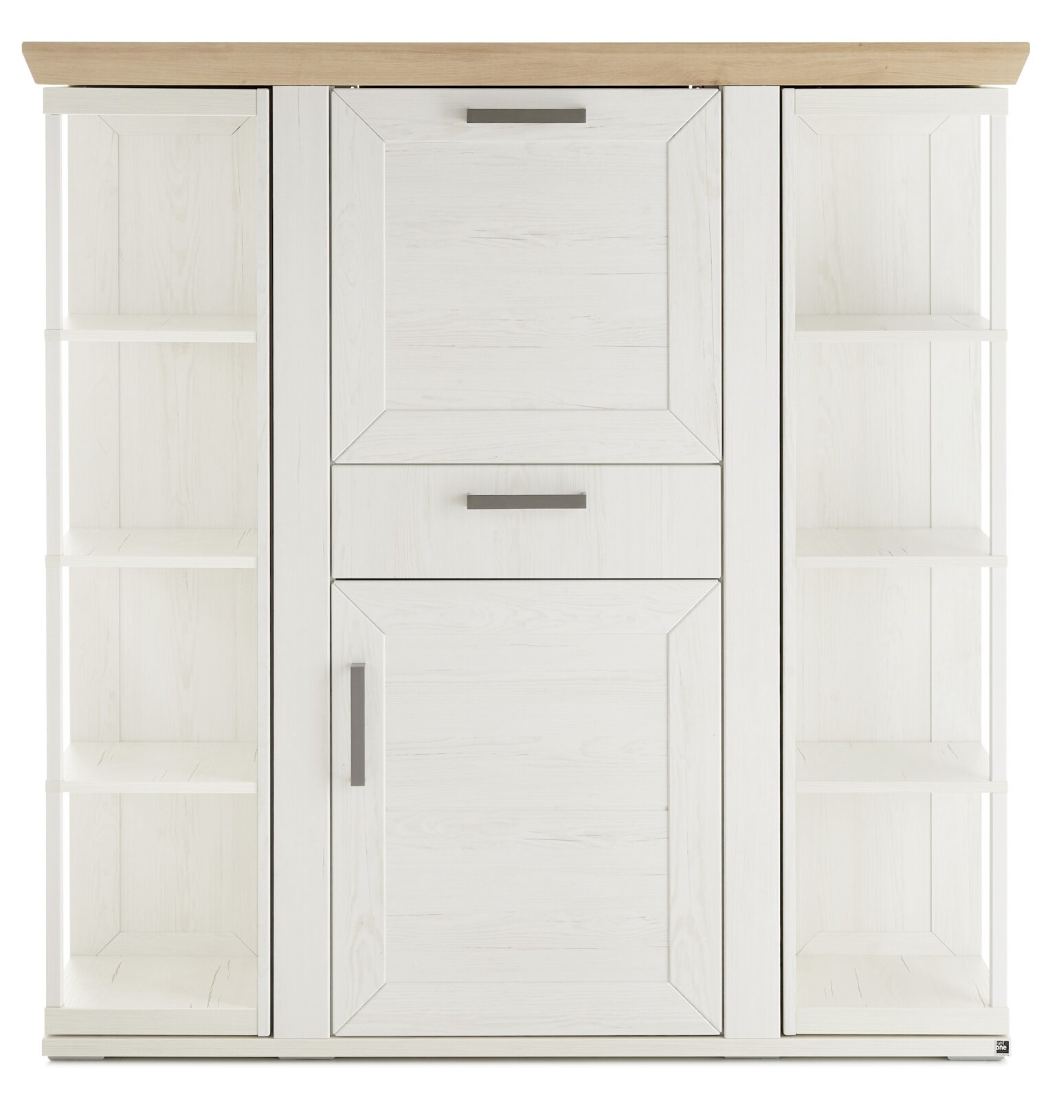 Frontansicht eines weißen Highboards mit Karussell, Holzoberfläche und offenen Regalen an den Seiten.