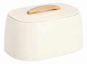 Weißer Brotkasten mit Holzgriff, seitliche Perspektive