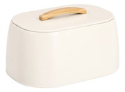 Weißer Brotkasten mit Holzgriff, seitliche Perspektive