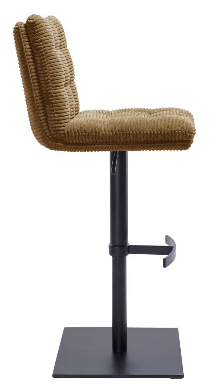 Stylife Barkruk POLLY Seitenansicht eines Barhockers mit geripptem, beigem Polster und schwarzem Metallgestell.