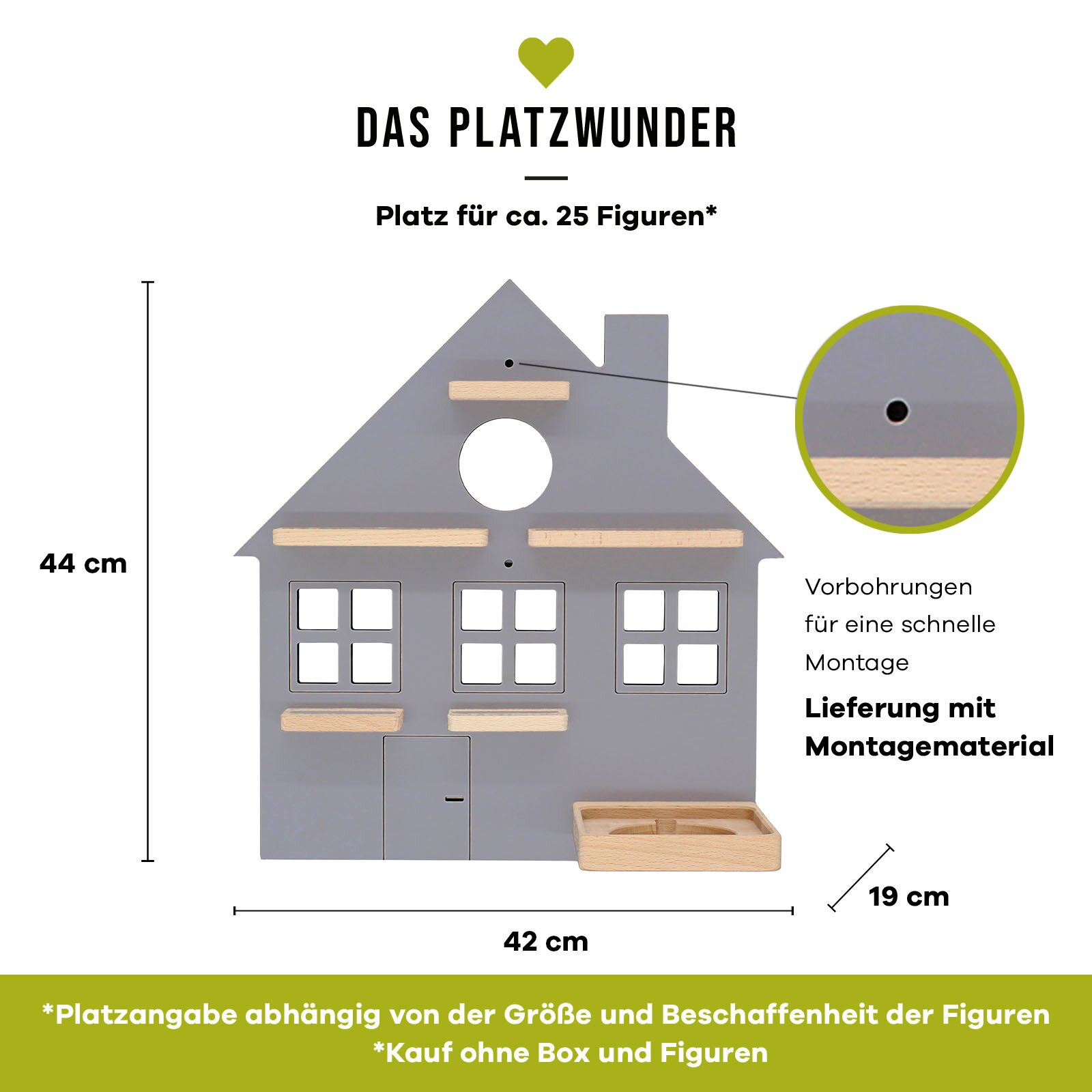Graues, hausförmiges Wandregal/Displayboard „Das Platzwunder“ mit mehreren Holzleisten und kleiner Ablage, Vorbohrungen für schnelle Montage, ca. 44 cm hoch und 42 cm breit (Tiefe ca. 19 cm), Platz für ca. 25 Figuren; frontal in der Vorderansicht dargeste