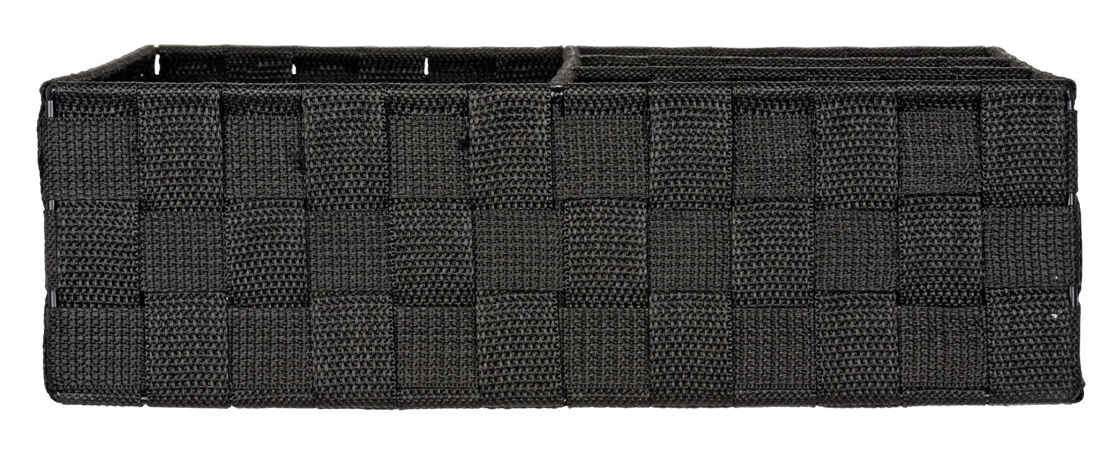 Schwarzer Badorganizer Adria mit vier Fächern, aus geflochtenem Material, seitliche Perspektive.