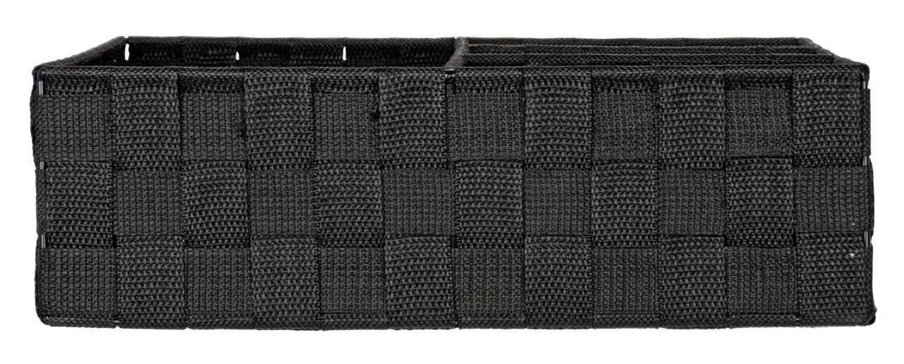 Schwarzer Badorganizer Adria mit vier Fächern, aus geflochtenem Material, seitliche Perspektive.