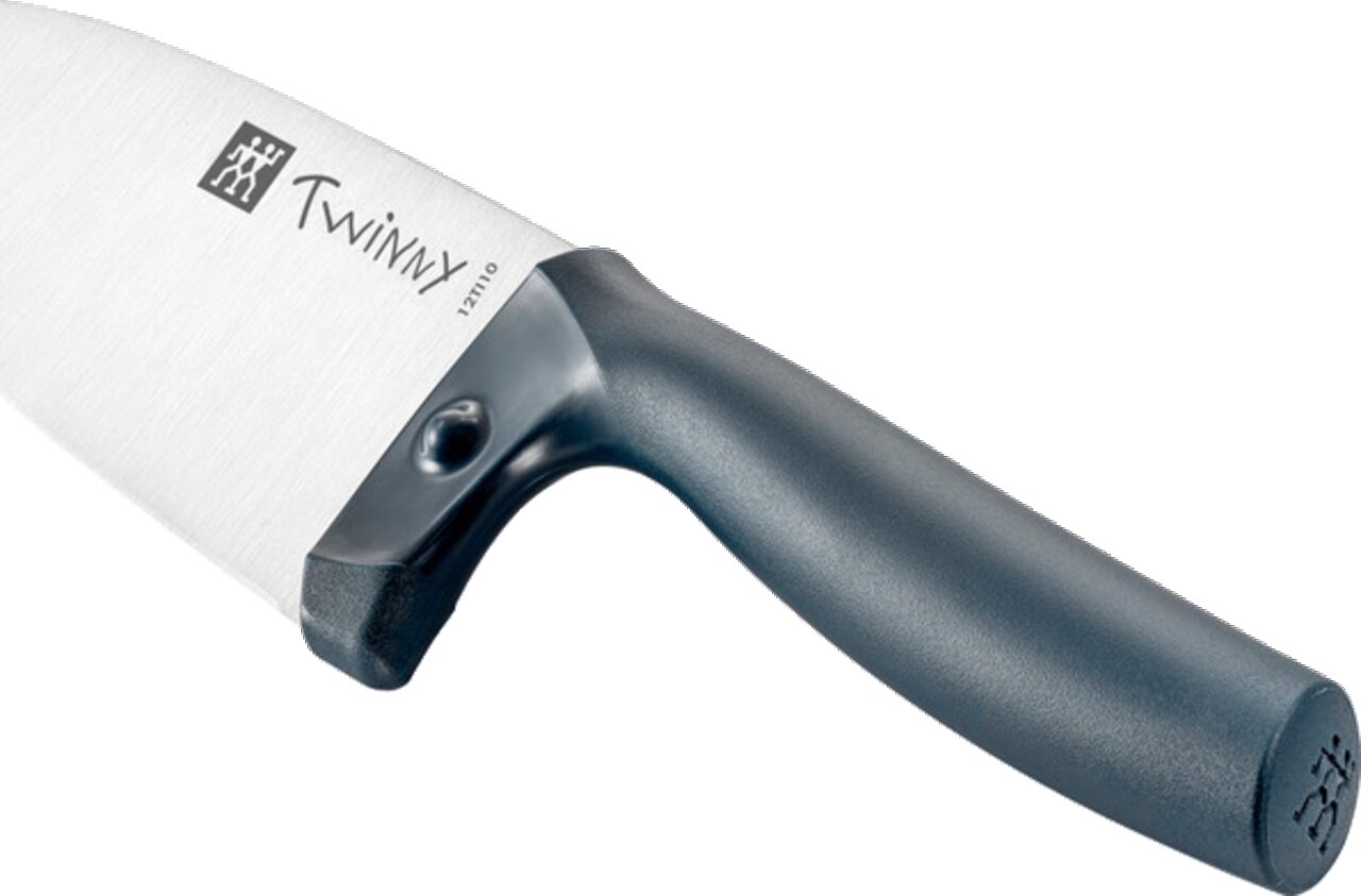 Kinderkochmesser mit blauem Griff, seitliche Perspektive
