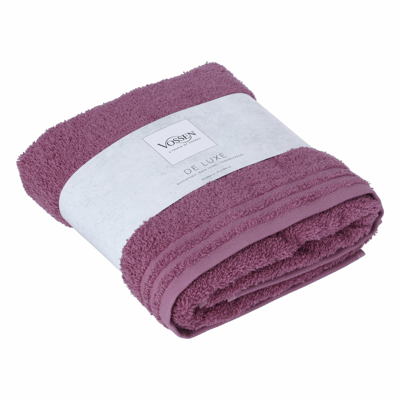 Vossen Duschtuch DE LUXE in der Farbe Brombeere, gefaltet und mit Etikett, seitliche Perspektive