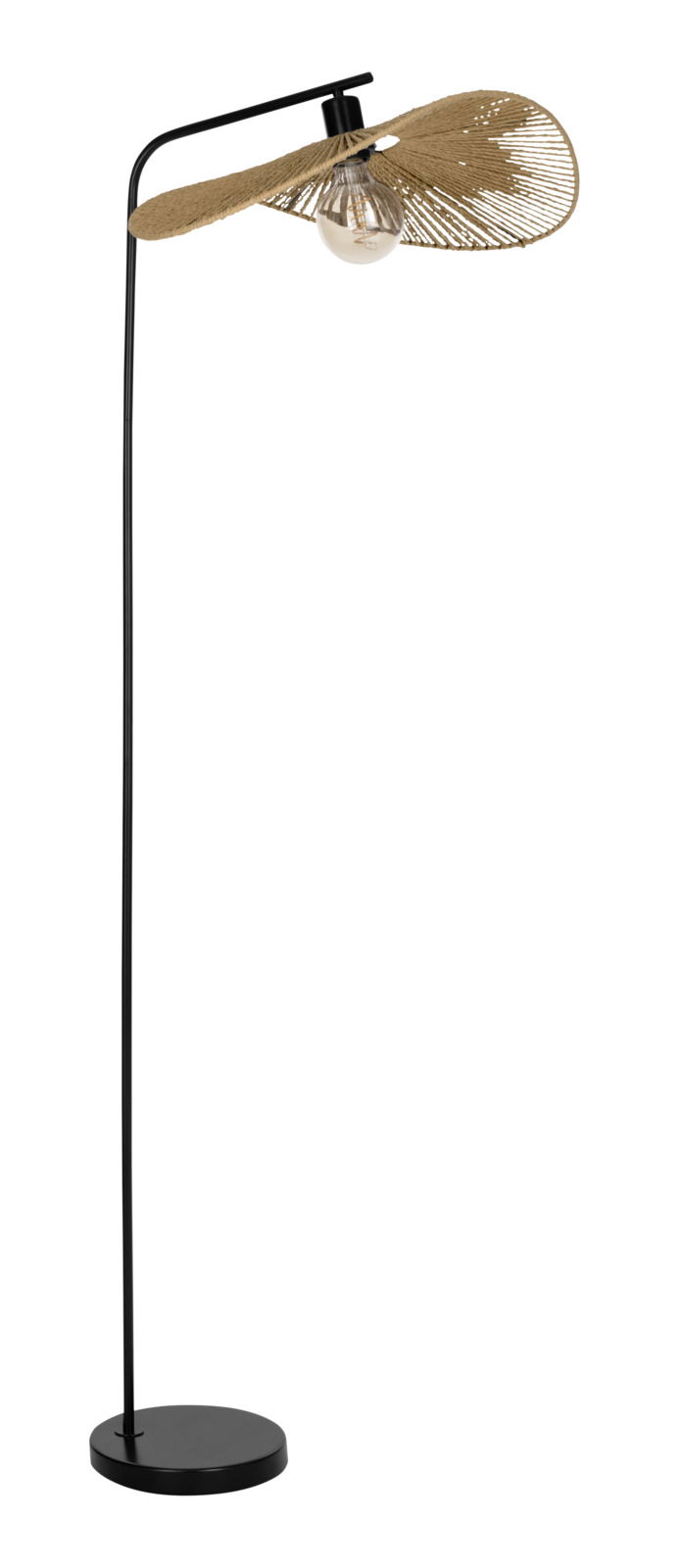 Stehleuchte SIRUELA mit schwarzem Ständer und natürlichem, geflochtenem Lampenschirm, seitliche Perspektive