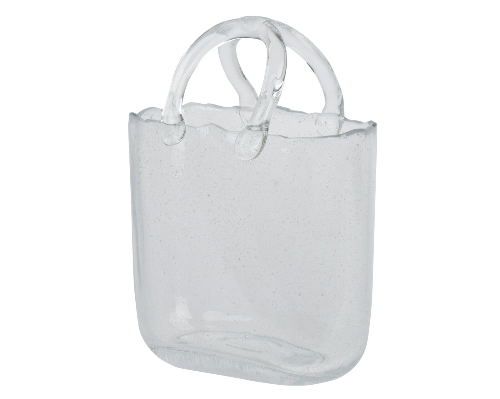 Decoris Vase 25,5cm Transparente Glasvase in Taschenform mit zwei geschwungenen Henkelgriffen und leicht gewelltem Rand, freigestellt vor weißem Hintergrund, Ansicht von vorne in leichter Schrägperspektive.