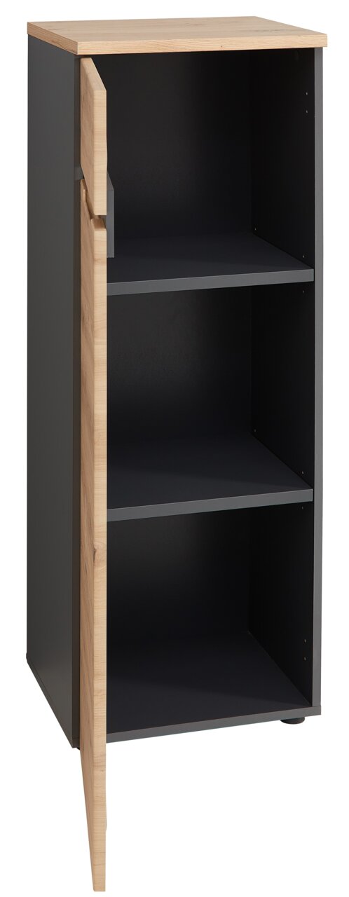 Aktenschrank niedrig und schmal mit geöffneter Tür, zwei Einlegeböden und Holzoptik, seitliche Perspektive