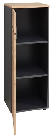 Aktenschrank niedrig und schmal mit geöffneter Tür, zwei Einlegeböden und Holzoptik, seitliche Perspektive