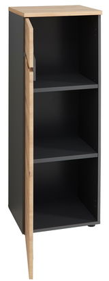 Aktenschrank niedrig und schmal mit geöffneter Tür, zwei Einlegeböden und Holzoptik, seitliche Perspektive