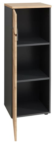 Aktenschrank niedrig und schmal mit geöffneter Tür, zwei Einlegeböden und Holzoptik, seitliche Perspektive