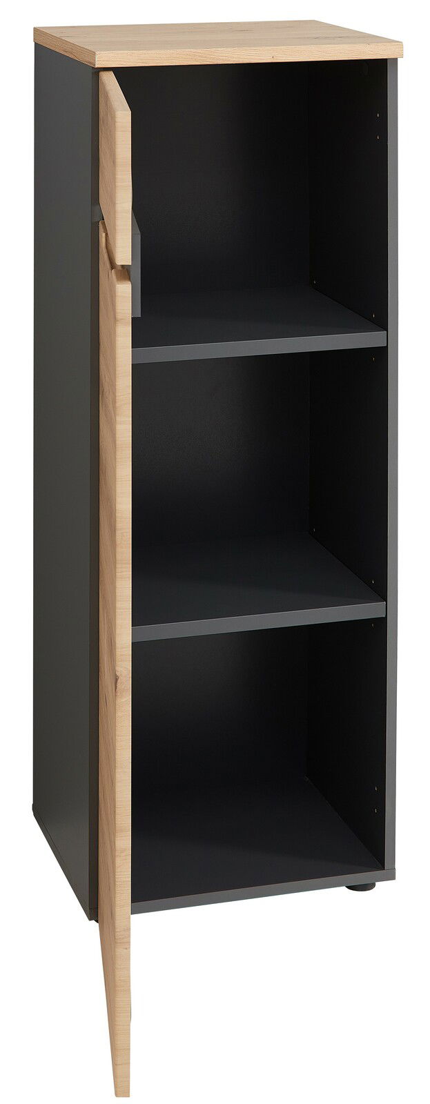 Aktenschrank niedrig und schmal mit geöffneter Tür, zwei Einlegeböden und Holzoptik, seitliche Perspektive