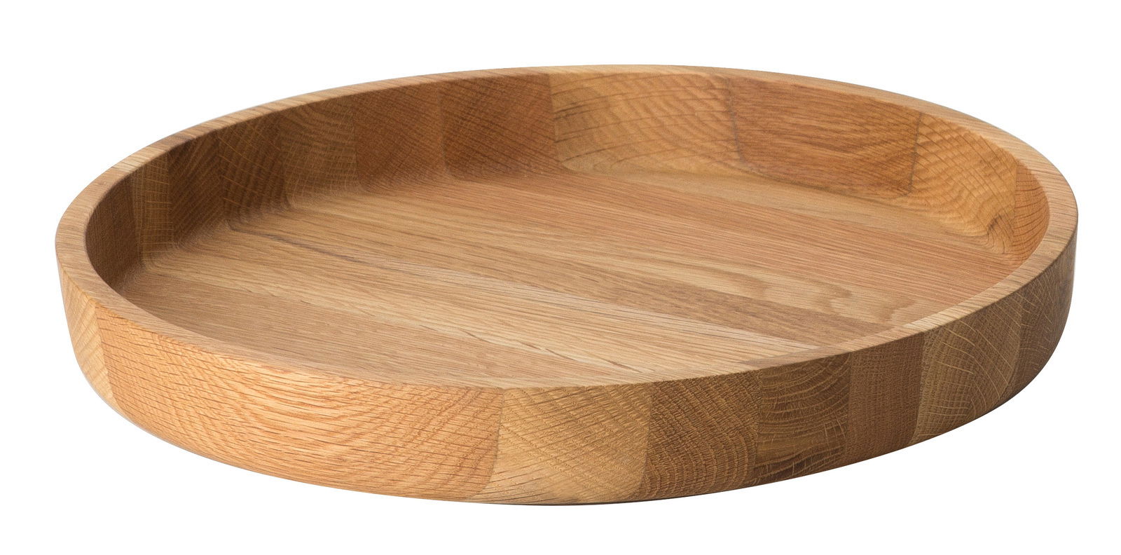 Runde Eichenholzschale mit einem Durchmesser von 38 cm, seitliche Perspektive.