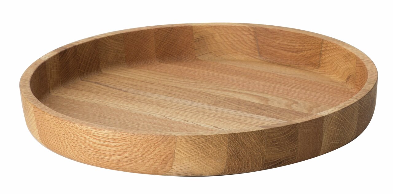 Continenta Schale D.38cm Eiche Runde Eichenholzschale mit einem Durchmesser von 38 cm, seitliche Perspektive.