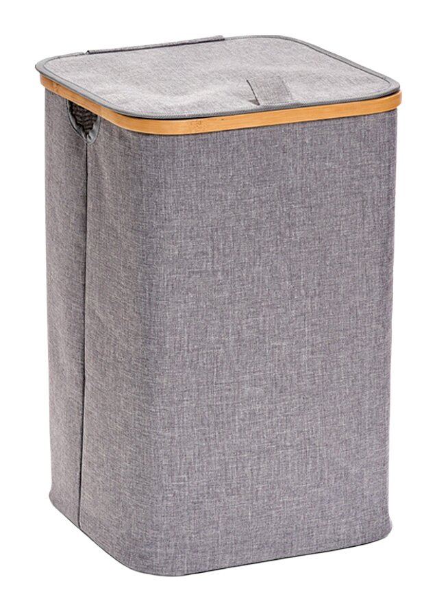 Zeller Present Wäschesammler 45l Grauer Wäschesammler mit rechteckiger Form und Bambusrahmen, seitliche Perspektive