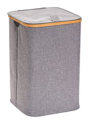 Grauer Wäschesammler mit rechteckiger Form und Bambusrahmen, seitliche Perspektive