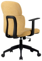 Rückansicht eines gelben Drehstuhls mit schwarzem Gestell und Armlehnen